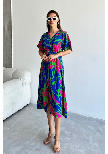 Kadın Mavi Derin V Yaka Yazlık Uzun Önden Yırtmaçlı Viskon Elbise Mavi