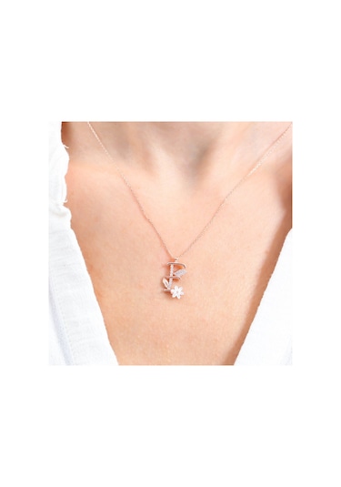 Işıltılı Manolya Çiçeği E Harfi Rose Renk Gümüş Harfli Kolye