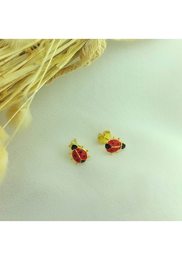 925 Ayar Gümüş Kırmızı Uğur Böceği Küpe Gold