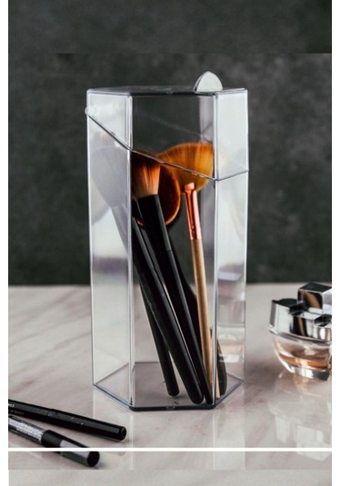 Flosoft Altıgen Fırçalık, Kapaklı Fırça Düzenleyici, Makyaj Kozmetik Takı Organizer Şeffaf