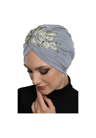 Kopma Astarlı İşlemeli Açık Gri Sarı Dantel Motifli Hazır Türban Tesettür Abiye Bone Açık Gri - Sarı