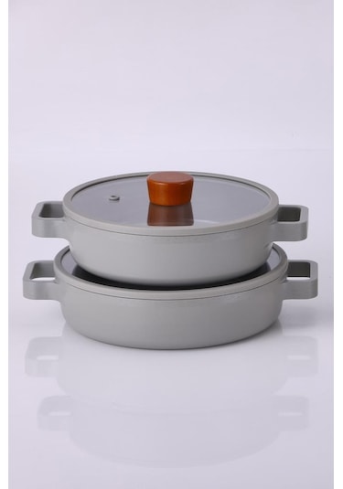 Neoflam Fika Cam Kapaklı Alüminyum 2'li Sahan Set 20 - 22cm Gri
