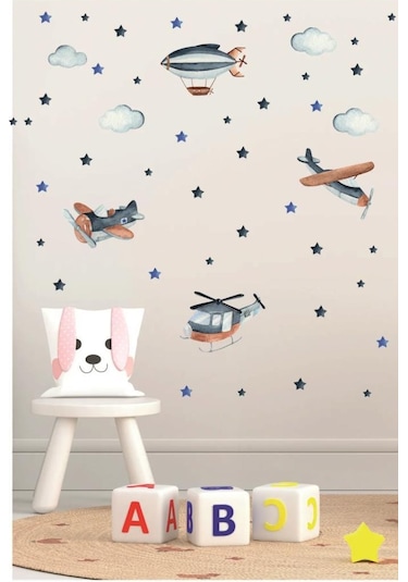 Lacivert ve Mavi Hava Taşıtları Çocuk Odası Sticker