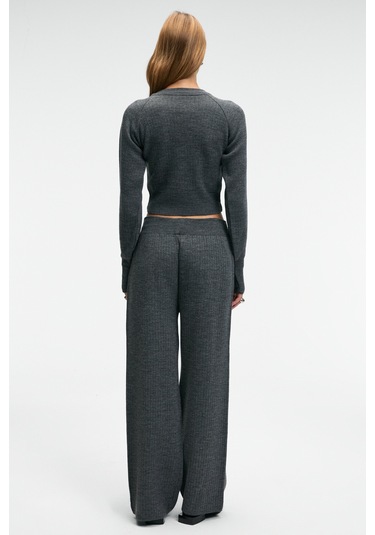 Grımelange Marıposa Kadın Yuvarlak Yaka Çizgi Desenli Crop Geniş Paça Triko Antrasit Alt-üst Takım Antrasit