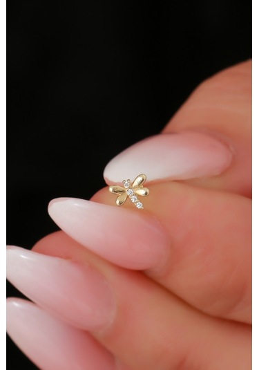 14 Ayar Altın Taşlı Kelebek Tragus Piercing Sarı