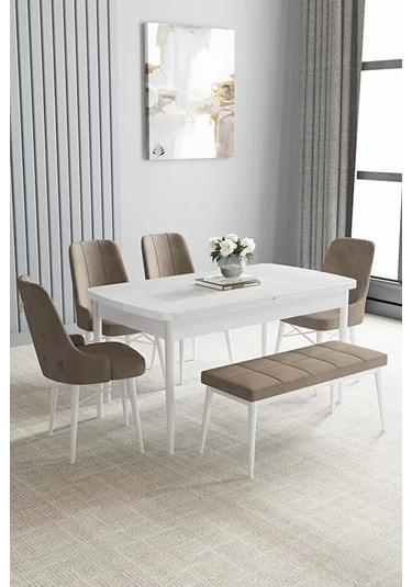 Loft Beyaz 80x132 Açılabilir Mdf Masa Yemek Odası Takımı, Mutfak Takımı 4 Sandalye, 1 Bench Cappuccino