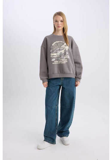DeFacto Coool Oversize Geniş Kalıp Bisiklet Yaka Baskılı Kalın Sweatshirt D5385AX24AUGR310 Gri