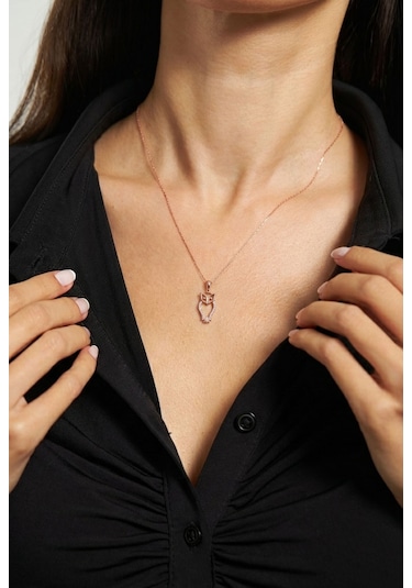 925 Ayar Zirkon Taşlı Rose Minimal Baykuş Gümüş Kolye Rzn10084