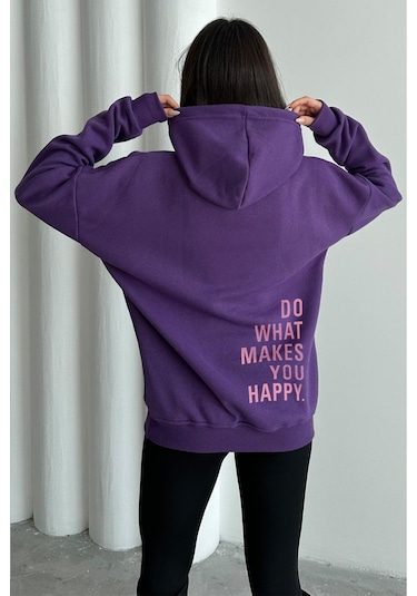 Kadın Mor Do What Makes You Happy Baskılı Oversize Kapüşonlu Sweatshirt Mor