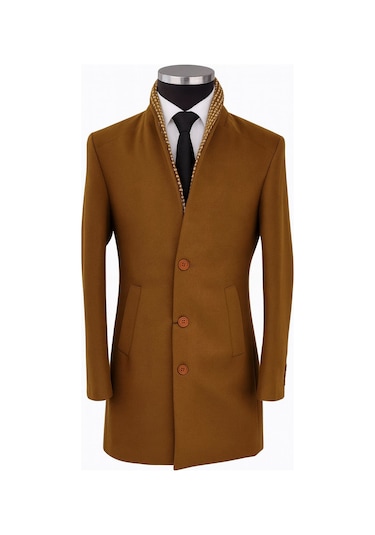 Plus Scorpion Erkek Uzun Kaşe Kaban İtalyan Kesim Slim Fit Şık Model Taba