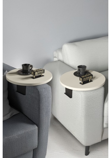 İkili Yan Sehpa Ayarlanabilir Tepsi Yuvarlak Krem