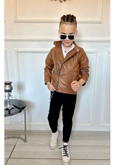 Modavals Erkek Çocuk 4 Parça Deri Ceket Kot Pantolon Kombin - 574283691 Kahverengi