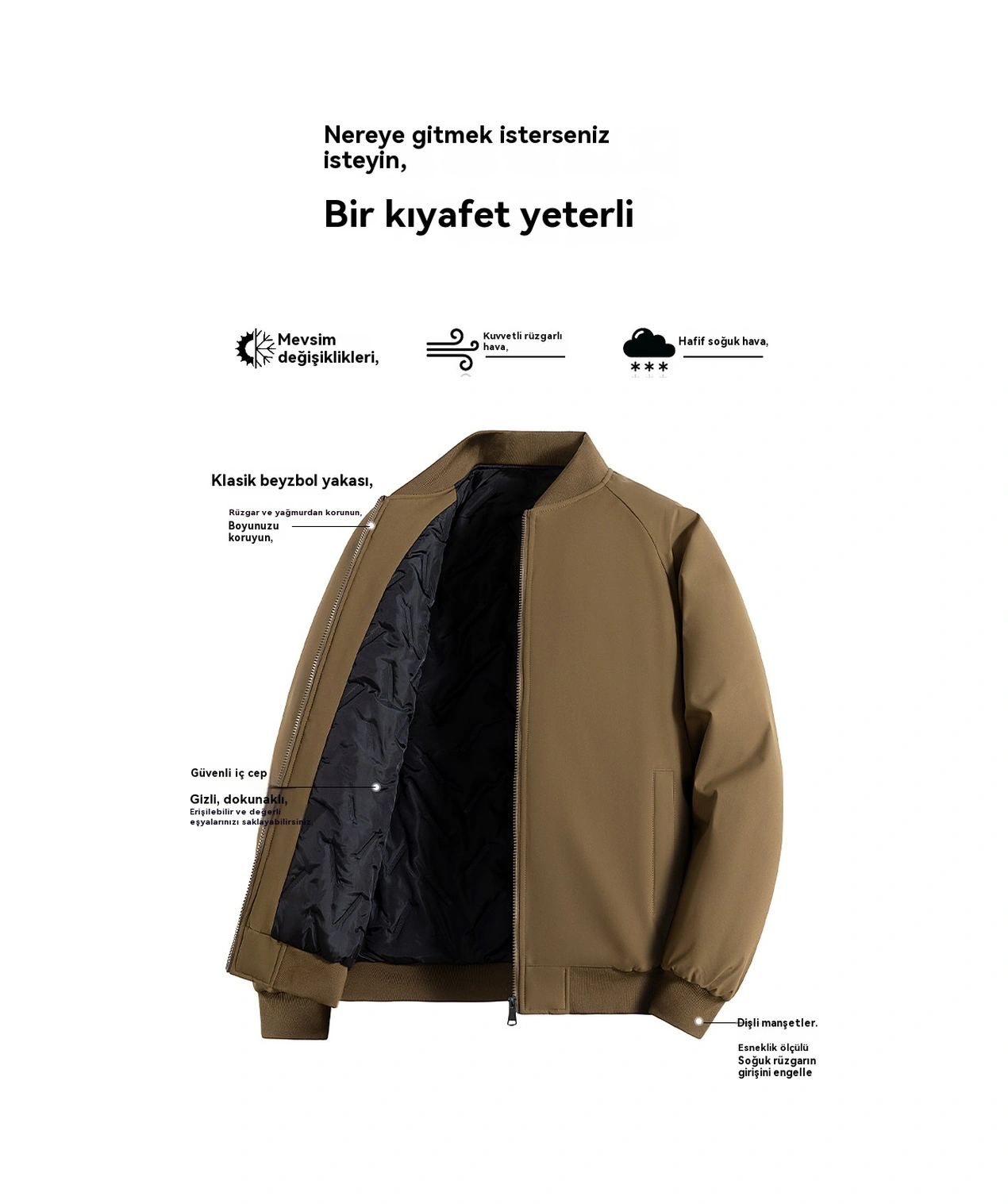 Edwardest Erkek Dik Yaka Sonbahar Ve Kış Pamuklu Günlük Bol Düz Renk Pamuklu Mont Kahverengi