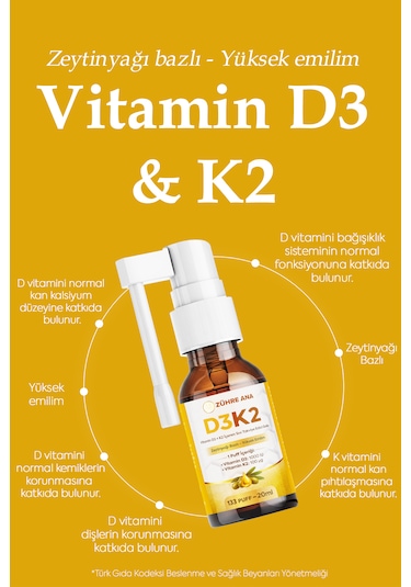 Vitamin D3&k2 İçeren Sıvı Takviye Sprey 20 ML