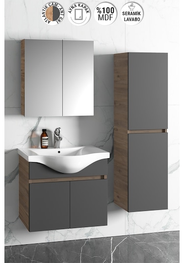 Yıldız 55+35 Cm Atlantik Çam- Antrasit Gri Mat Mdf Seramik Lavabo Antrasit - Atlantik Çam
