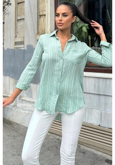 Kadın Yeşil Uzun Kol Özel Kumaş Tek Cep Gömlek Dik Çizgili Arkası Uzun Basic Kesim Gömlek Yeşil
