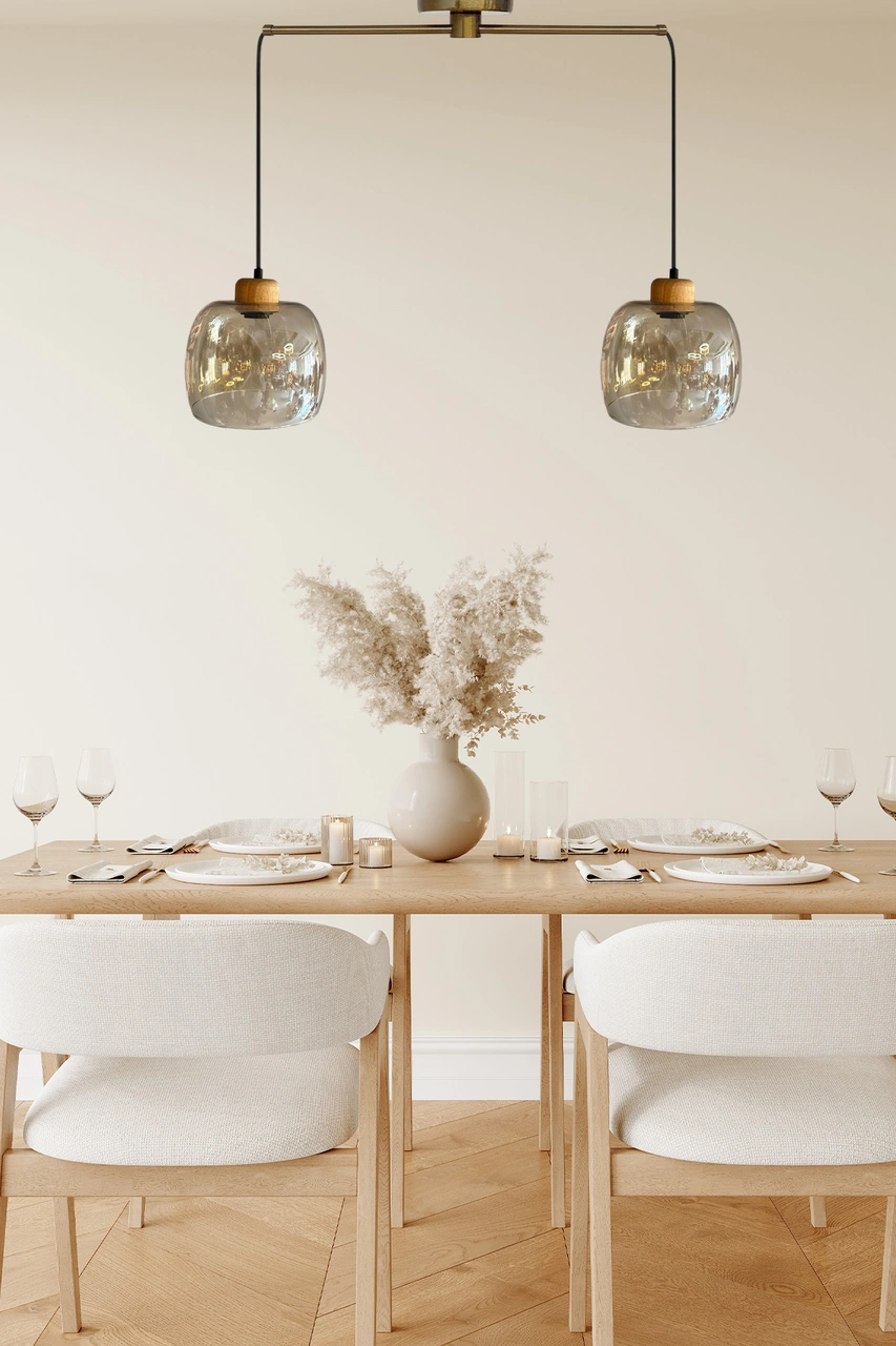 Dijon Cam Bal Rengi İkili Metal Çubuk Sarkıt Avize Geniş Ahşap Başlık Salon Pastane Avizeleri Bal