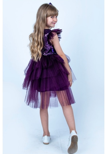 Mor Pullu Kız Çocuk Parti Elbisesi