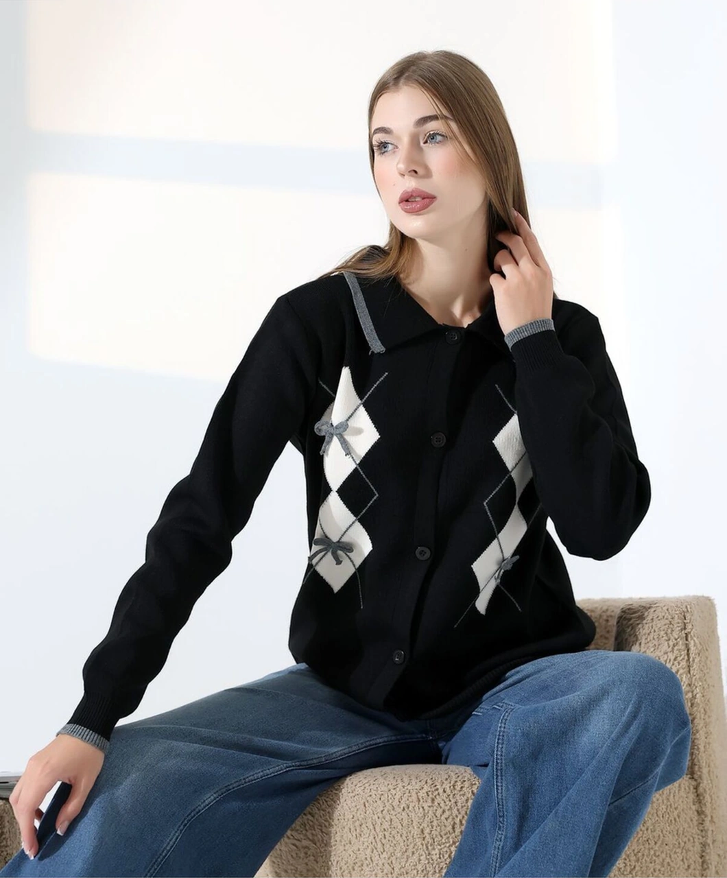 Baklava Desen Polo Yaka Kadın Kazak Siyah