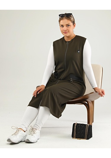 Kadın Deri Cepli Buyuk Beden Uzun Yelek 001