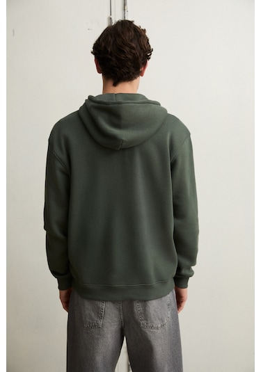 Grimelange Justus Erkek Kapüşonlu Kanguru Cepli Fermuar Yakalı Haki Sweatshirt Haki