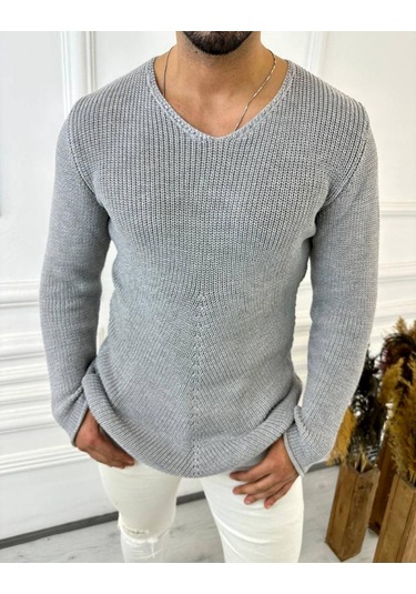 Kazak Naturel Örme Pamuk Tüylenmeyen Triko Kazak Gri