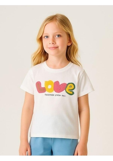 Cicihlid Kız Çocuk Pamuklu Punch İşlemeli Love T-shirt-15890 Ekru
