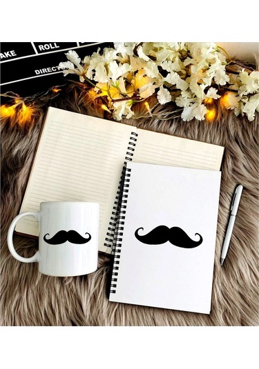 Babalar Günü Için Bıyık Baskılı Defter, Kalem Ve Kupa Seti