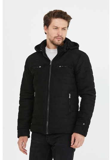 Erkek Siyah Dar Kesim Kapüşonlu Kalın Kumaş Süet Mont Siyah