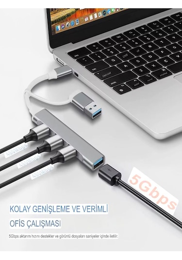Alüminyum Metalik 4'ü 1 Arada Usb + Type-c Çevirici, Usb 3.0 Hızl