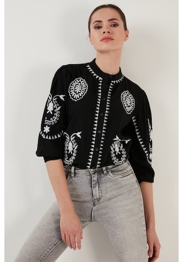 Lela Nakış Işlemeli Truvakar Kol Hakim Yaka Pamuklu Şile Bezi Bayan Gömlek 611Bz0044 Siyah-Ekru