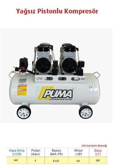 Puma PDN100-4M 100 L Yağsız Düşük Ses Desibelli Kompresör