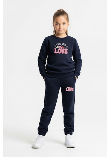 Düz Yuvarlak Yaka Lowe Yazı Baskılı Kız Çocuk Eşofman Takımı Lacivert