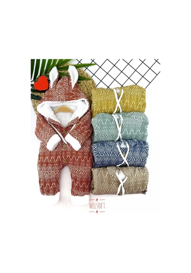 9-12-18-24 Ay Düğme Kapamalı Kulaklı Kapşonlu Motif Desenli Örme Kumaş Kız Erkek Bebek Tulumu Lacivert