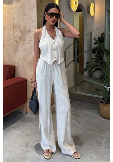 Halter Yaka Yelekli Modal Takım 10144 Altın