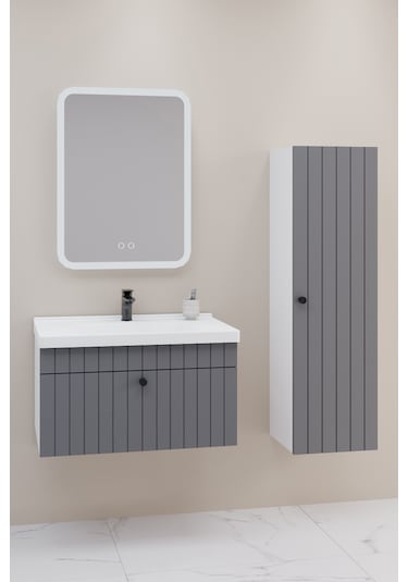 Alice 80 Cm Banyo Dolabı Cmr Led Aynalı Antrasit- Boy Dolap Dahil Antrasit