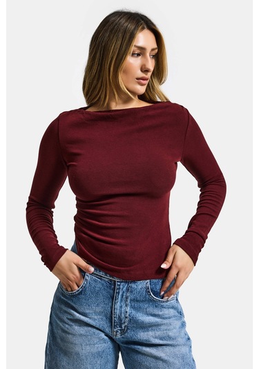 Itsbasic Kadın Bordo W5 %100 Pamuk Asimetrik Kesim Esnek Bluz Body