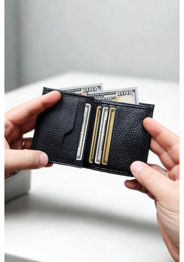 Hakiki Deri Cüzdan Küçük Boy 9 Adet Kart Bölmeli Siyah Siyah