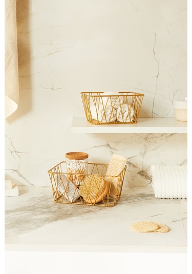 Ocean Home Textile 2'li Altın Renk Metal Sepet Set 25 x 18.5 x 10.5 / 20.5 x 15.5 x 10 cm