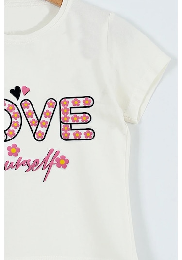 Hçm Kız Çocuk Tshirt Love Baskılı Bisiklet Yaka D28 Krem