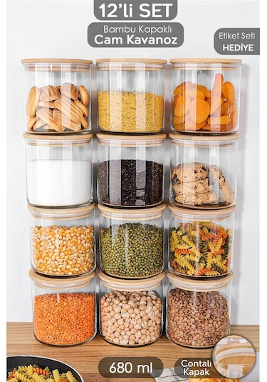 12'li Bambu Kapak Cam Saklama Kabı - Bakliyat Erzak Kavanozu Vakum Kapaklı Cam Kavanoz Seti 680 Ml Şeffaf