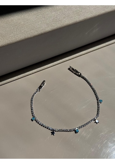 Yıldız Figürlü Mavi Taş Detaylı Gümüş Renk Çelik Bileklik Zarif Kadın Takı Gümüş
