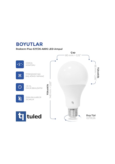 Redeem Plus A80s E27 Led Ampul, Titreşimsiz, Göz Konforu, 1648 Lümen, Beyazı, 5000 Kelvin