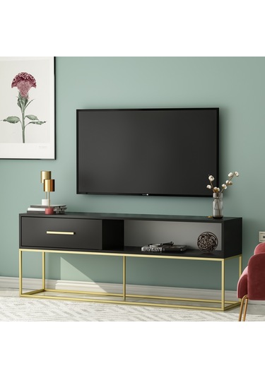 Mira Tv Ünitesi 160 Cm Kapaklı Ve Raflı, Gold Ayak, Modern Tasarım - Siyah/gold Siyah/gold