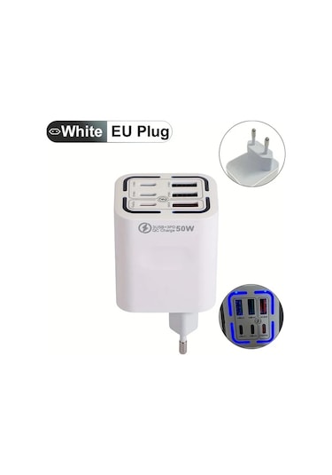 Xuweiwei Xjdr 50w Hızlı Şarj Cihazı Beyaz 6 Portlu Duvar Adaptörü Gösterge Işıkları BEYAZ