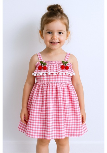 Kız Çocuk Askılı Elbise Dantelli Ekose Desenli B14 Turuncu