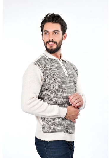 Kamalı Erkek Çelik Örgü Kazayağı Gömlek Yaka Fermuarlı Polo Yaka Tüylenmeyen Triko Kışlık Baba Kazak Taş