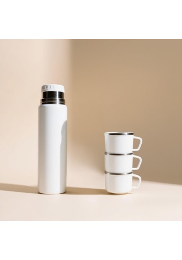 Paslanmaz Çelik 3 Bardaklı Matara Seti-500 Ml Krem