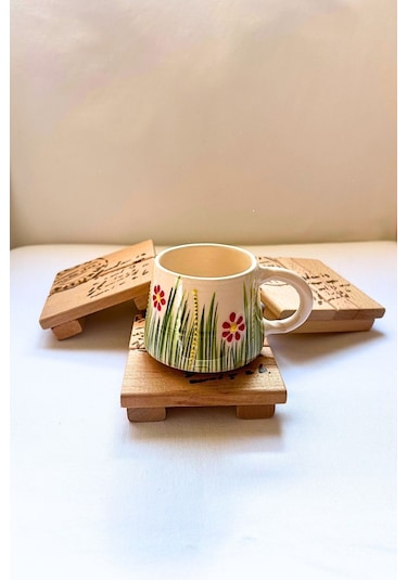 4 Lü Ham 1. Sınıf Masif Ahşap El Yapımı Mektup Desenli Bardak Alt Kahverengi