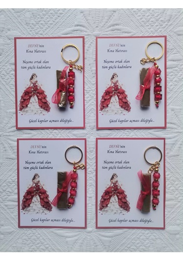 100 Adet Kişiye Özel Kına Hatırası Dağıtmalık Hediyelik Kırmızı Anahtarlık Ve Paketlenmiş Kına